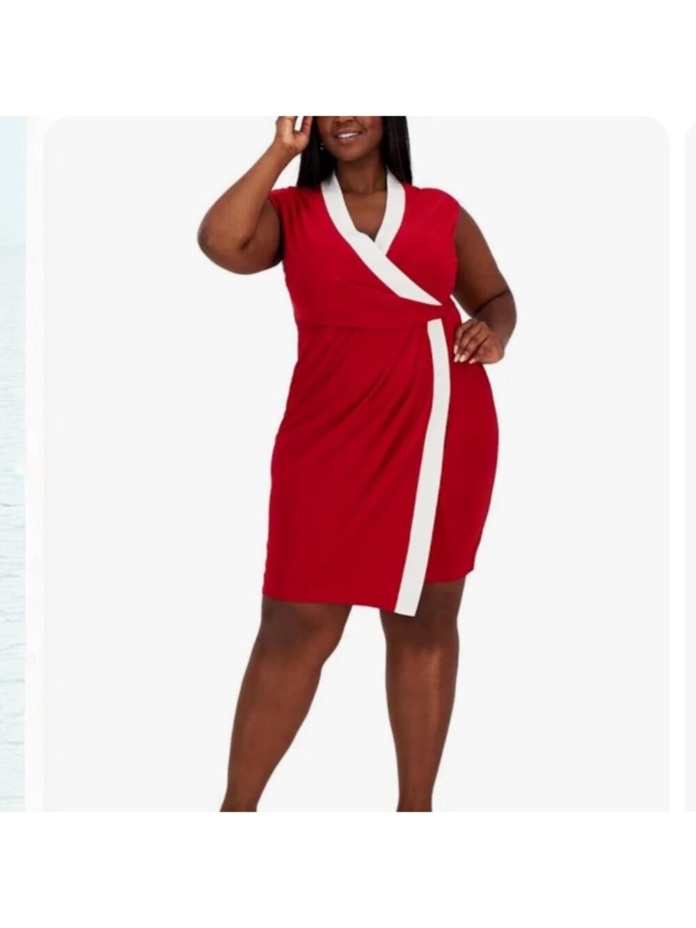 Kasper Sheath Dress Women's 3X Plus Red Ivory Colorblock Faux Wrap Workwear